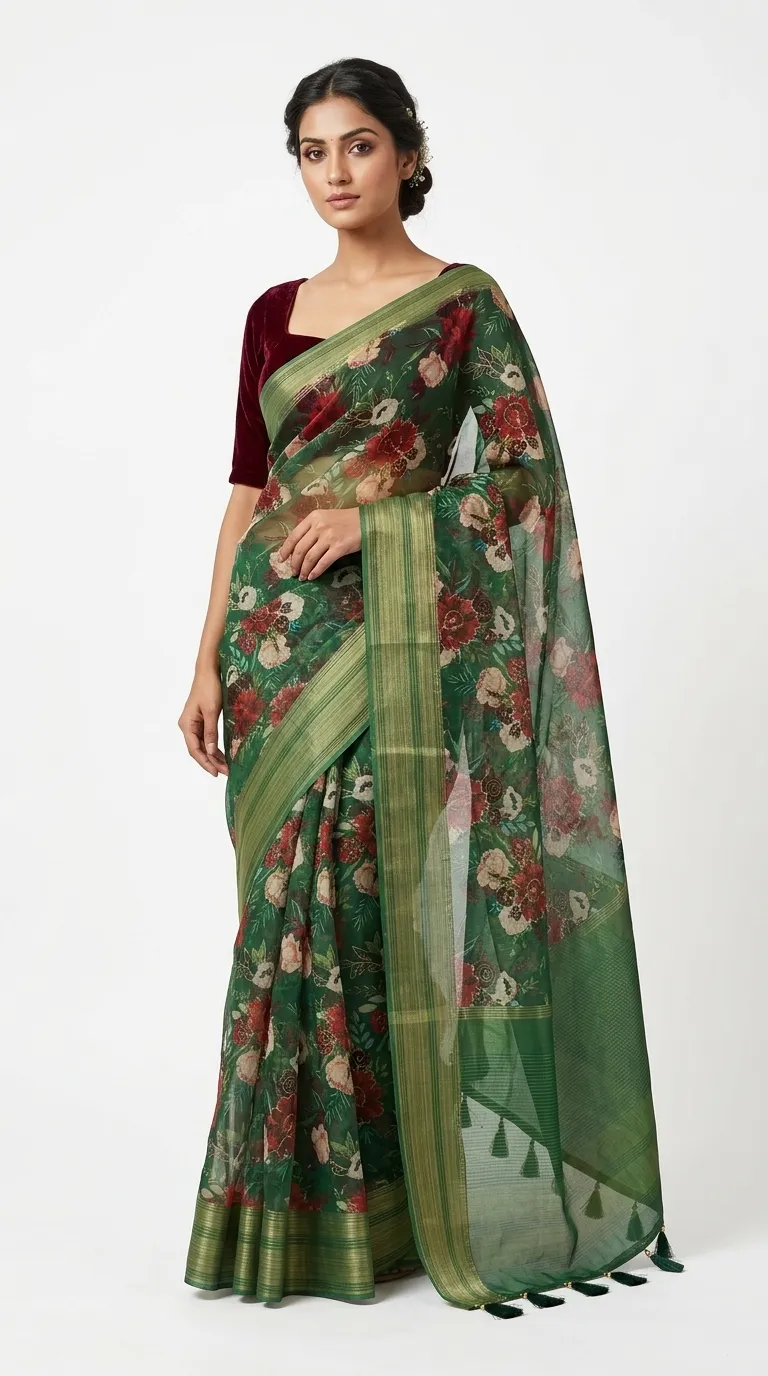Embellished, Embroidered Bollywood
                                    Organza Saree (Green)