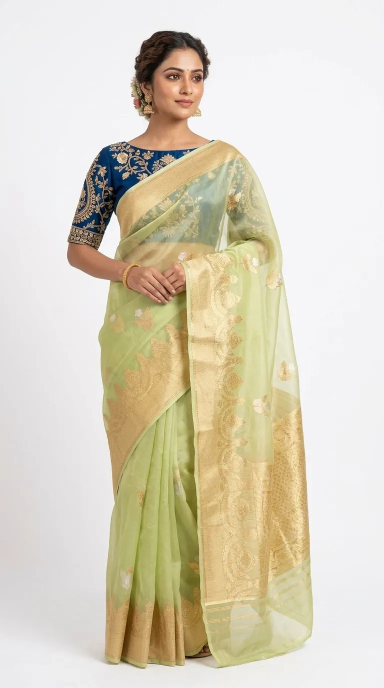 Embellished, Embroidered Bollywood
                                    Organza Saree (Green)