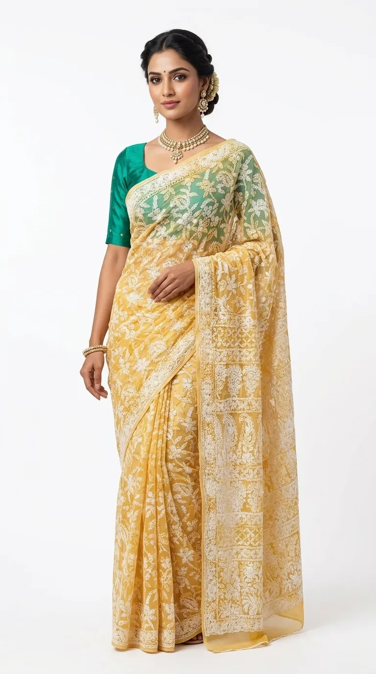 Embellished, Embroidered Bollywood
                                    Organza Saree (Green)